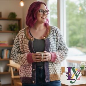 Luxe Multicolor Wool Blend Knit Cardigan Pearl Buttons Colorful Sweater XL